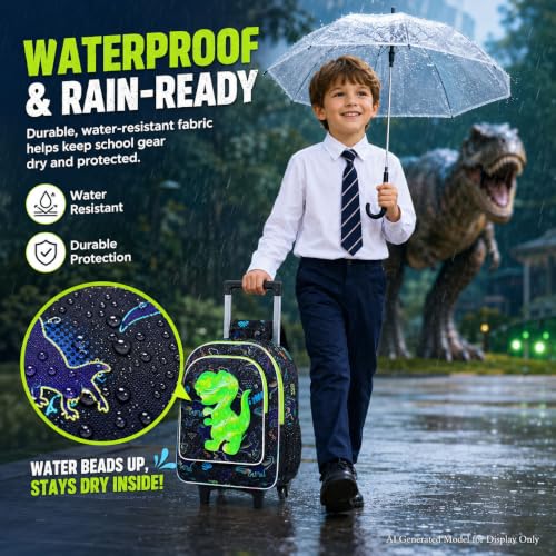 WZLVO 4PCS Dinosaur Rolling Backpack for Boys - Cool Wheeled School Set with Lunch Box,Water Resistant Roller School Backpack on Wheels for Elementary Kids Travel - color: Boys Rolling Backpack - Popular Dinosaur