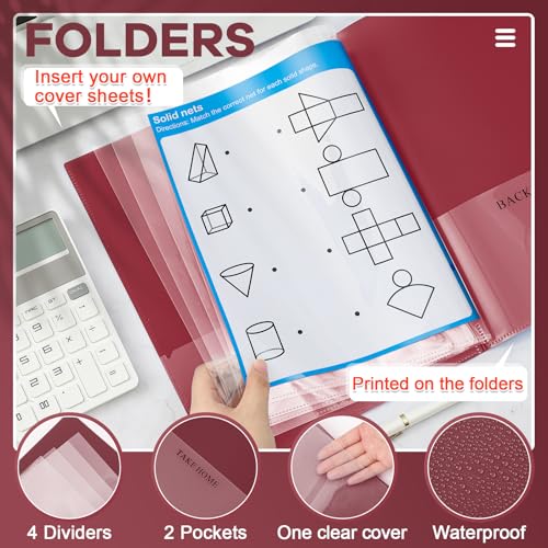 Henoyso 24 Pcs School and Home 2 Pocket Folders with 4 Clear Inner Pockets Plastic Heavy Duty Homework Folders Parent Teacher Communication for Student Home Office Classroom,11 x 9 Inch (Dark Red) - color: Dark Red
