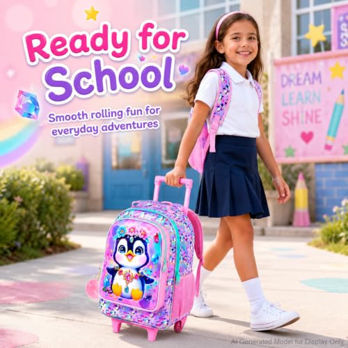 3Pcs Rolling Backpack for Girls, Penguins Kids School Backpacks with Wheels, Roller Bookbag with Lunch Box for Elementary Preschool(Pink) - color: Penguin Pink