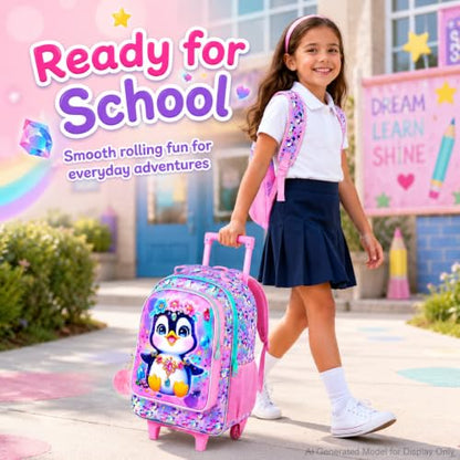 3Pcs Rolling Backpack for Girls, Penguins Kids School Backpacks with Wheels, Roller Bookbag with Lunch Box for Elementary Preschool(Pink) - color: Penguin Pink