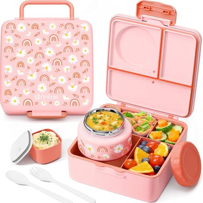 Fimibuke Bento Lunch Box for Kids Adult, 3-4 Compartment 60OZ Toddler Lunch Box Container with Leakproof 8OZ Insulated Food Jar, Sauce Jar, Utensil for School Boys Girls, BPA-Free Dishwasher Safe - color: A9.Rainbows & Daisies