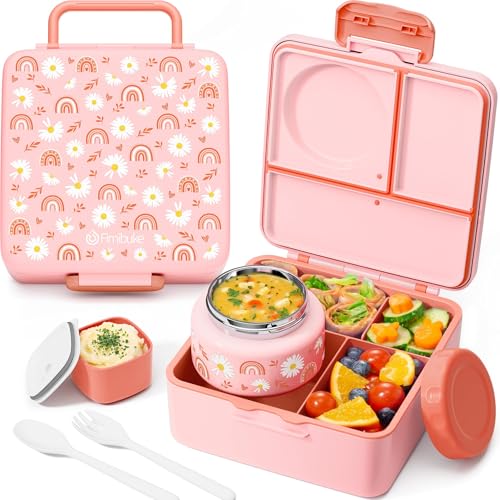 Fimibuke Bento Lunch Box for Kids Adult, 3-4 Compartment 60OZ Toddler Lunch Box Container with Leakproof 8OZ Insulated Food Jar, Sauce Jar, Utensil for School Boys Girls, BPA-Free Dishwasher Safe - color: A9.Rainbows & Daisies