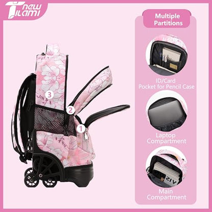 NEW TILAMI Girls & Boys Rolling Backpack - Moisture-Wicking, Adjustable Handle, Large Capacity, Perfect for School & Travel, Pink Flowers - color: Pink Flowers