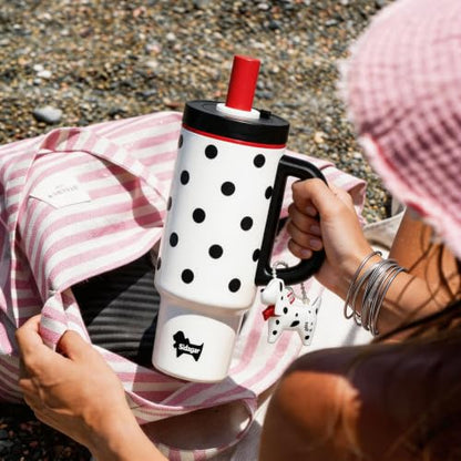 36oz Insulated Tumbler with Handle, Stainless Steel Water Bottle, Leak-Resistant Travel Coffee Mug with Push Button Lid, Cup Holder Friendly for Tea & Daily Use, White - color: Retro Polka Red