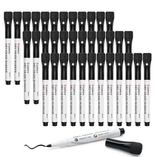 Comix Magnetic Dry Erase Markers, Fine Tip Black Whiteboard Markers with Eraser Cap, Low Odor Black Markers for Kids Teachers - color: 36 Count Black Color