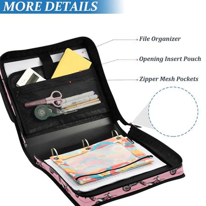 Fisyme Dirt Bike Motocycles Zipper Binder 3 Ring with Zipper and Shoulder Strap Large Capacity Multi-Pocket Binder Organizer - color: Multi-light Pinks