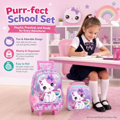 gxtvo Girls Rolling Backpack, Cute Cat Roller Wheels Kids Bookbag - Wheeled Elementary School Bag - 3PCS Cat - color: Uv Printing White Cat Rolling Backpack