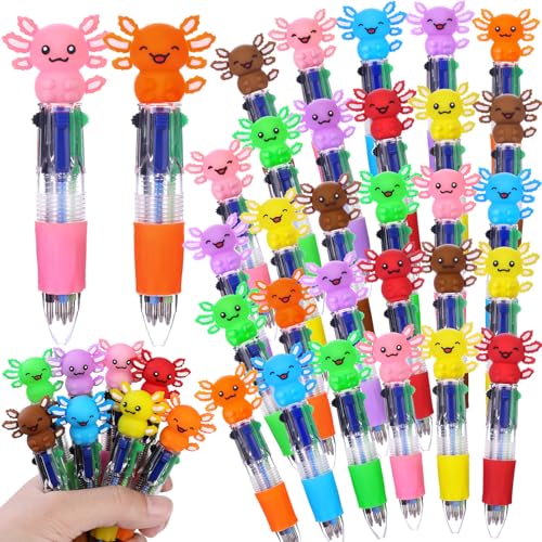 Vellibring 36pcs Fun Pens Axolotl Mini Multicolor Pens in One 4-in-1 Bulk Kawaii Axolotl Cute Writing Stationery for Brithday Gifts Party Favors Supplies Rewards Holiday Gifts - style: Cartoon Axolotl-36pcs