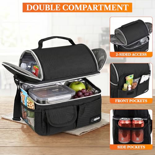 opux Insulated Lunch Bag Women Men, Dual Compartment Leakproof Lunch Box Adults Kids, Double Decker Meal Prep Bento Lunch Cooler Tote with Shoulder Strap for Work Office School Travel, Black - color: Black