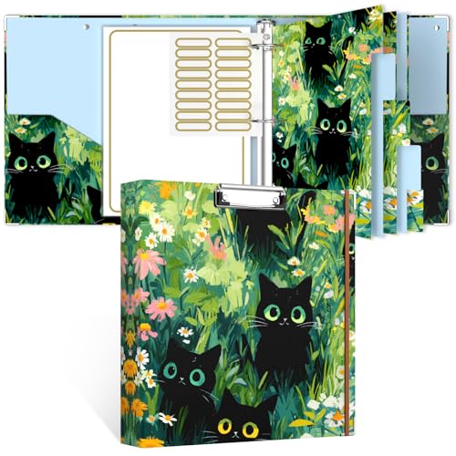Rouidr 3 Ring Binder, 2 Inch Round Ring Binder Organizer with Clipboard, 5 Dividers Tabs, A4 8.5 x 11 Inch Paper & Clear Sleeves for School, Office Supplies - color: Black Cats, size: 2in(Letter Size)