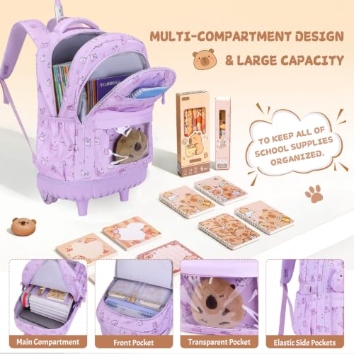 Capybara Theme Rolling Backpack with Lunch Bag & Pencil Case, Kids Rolling Backpack for Girls, Wheeled School Bookbag with Telescoping Handle for Kindergarten Elementary Middle High School - color: Purple