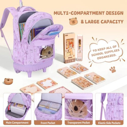 Capybara Theme Rolling Backpack with Lunch Bag & Pencil Case, Kids Rolling Backpack for Girls, Wheeled School Bookbag with Telescoping Handle for Kindergarten Elementary Middle High School - color: Purple