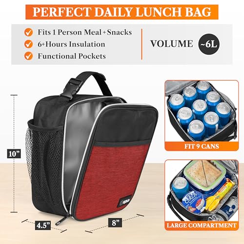 opux Insulated Lunch Bag for Kids Boys Girls, Small Compact Lunch Box with Wide Opening & Mesh Pockets, Reusable Lunch Pail for School, Work, Adults, Men, Women, Heather Red - color: Heather Red