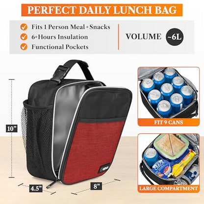 opux Insulated Lunch Bag for Kids Boys Girls, Small Compact Lunch Box with Wide Opening & Mesh Pockets, Reusable Lunch Pail for School, Work, Adults, Men, Women, Heather Red - color: Heather Red