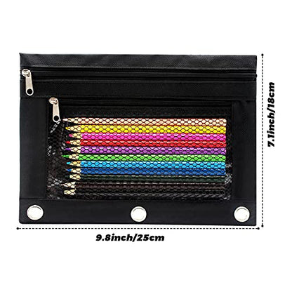 Pencil Pouch 3 Ring Binder Pouch Zippered Pencil Case Canvas Pencil Bag with 2 Compartments (Set of 2, Black) - color: Black