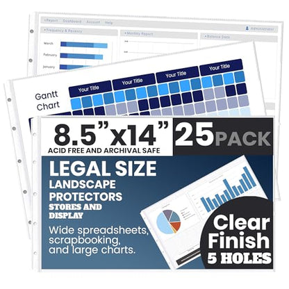 PERFORMORE Pack of 8.5” x 14” Heavyweight Landscape Sheet Protectors, Legal Paper Sleeves, Clear Archival Quality, Horizontal Legal Size Clear Sheet Protectors for Binders Documents (25)