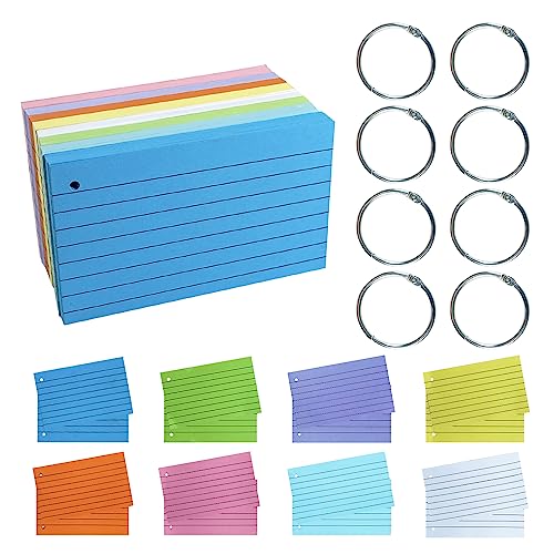 TFLFL Index Cards 3x5 Inch, 600PCS Flash Cards with Rings 8 Colors Ruled Index Cards, Assorted Lined Colored Flashcards, Thin Note Cards Paper, Study Card Memo Scratch Pad for Home Office School - color: 600 3x5inch Rings