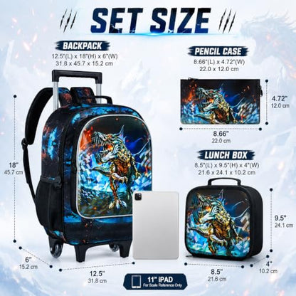 CCJPX 3PCS Dinosaur Rolling Backpack for Boys,Kids Backpacks with Roller Wheels, Wheeled Bookbag with Lunch Box for Toddler Elementary School-Black - color: Black Dinosaur