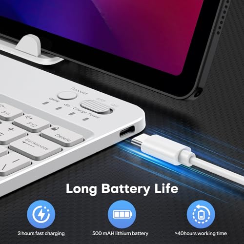 OMOTON Rechargeable Ultra-Slim Keyboard with Upgrade Oversize Keycaps, Adjustable Stand and Backlit, Wireless Bluetooth Keyboard for Samsung Tablet, iPad, Smartphone, Android, iOS, Windows, White - color: White
