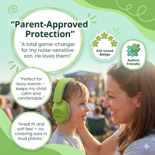 ISOtunes JUNIOR DEFENDER Noise Cancelling Headphones for Kids, 20 dB Kids Ear Protection Ear Muffs for Noise Reduction - color: Kids Green