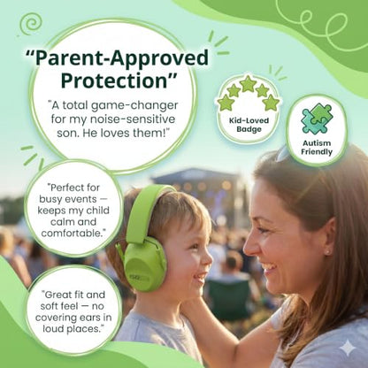 ISOtunes JUNIOR DEFENDER Noise Cancelling Headphones for Kids, 20 dB Kids Ear Protection Ear Muffs for Noise Reduction - color: Kids Green