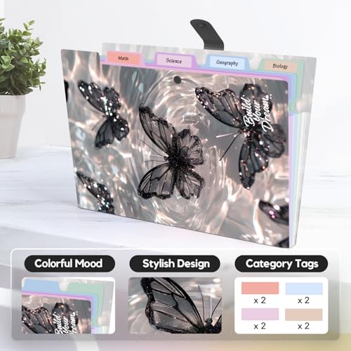 Cute Expanding File Folder - 5 Pockets Accordion Document Organizer, Waterproof Poly Plastic, A4/Letter Size for School Office Home - Butterfly Black - style: Butterfly Black