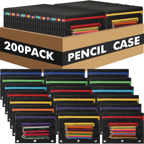 Zhehao 200 Pcs Pencil Pouches for 3 Ring Binder, Bulk Zipper Pencil Pouch Pen Case with Mesh Window Cloth Double Pocket 3 Hole Bag for Storing School Office Supplies (Black) - color: Black