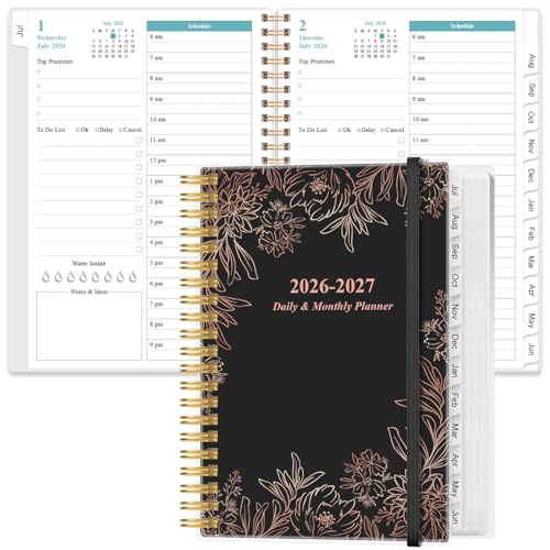 Daily Planner 2026-2027 Full Page Per Day- 2026-2027 Daily & Monthly Planner from July 2026 to June 2027, Day Planner 2026-27 with 12 Months Tabs, 6.4" x 8.5", Black Flowers - color: Black Flowers, size: 6.4" x 8.5"