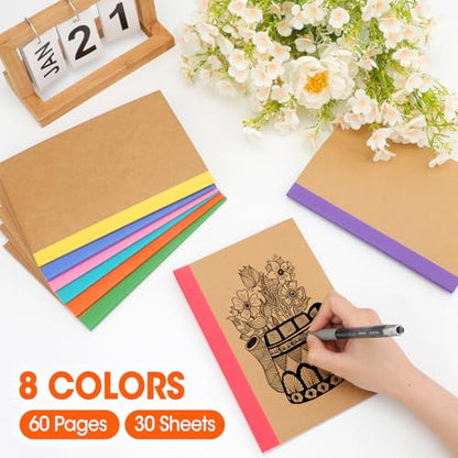 32 Pack Composition Notebooks Bulk, A5 Kraft Cover Lined Journaling Notebooks, 8.3”x 5.5” Travel Notebook for School Office Students Artists, 8 Colors 60 Pages