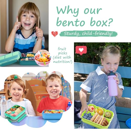 QQKO Bento Box for Kids Adults, School Toddler Lunch Box for Boys Girls, Lunch Box Containers with 4 Compartments, Sauce Container, Utensils, Food Picks and Muffin Cups for School, Pink Green - color: Pink Green
