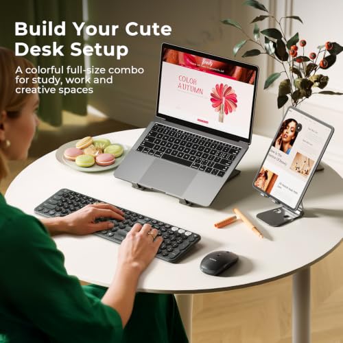 seenda Wireless Bluetooth Keyboard Mouse Combo, COE202 Retro Cute Round Keyboard, Silent Mouse, 3 Multi-Device Connection, Full Size Compatible for PC/Laptop/Mac/MacBook/iPad/Tablet, Black - color: Black