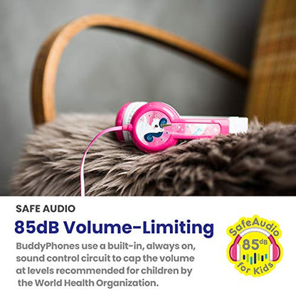 ONANOFF BuddyPhones Discover, Volume-Limiting Kids Headphones, Comfortable and Durable, Built-in Audio Sharing Cable, Compatible with Fire, iPad, iPhone, and Android Devices, Pink