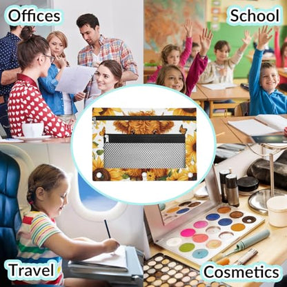 Sunflower Highland Cow Pencil Pouch for 3 Ring Binder Cattle Butterfly Pencil Case Bag with Clear Window Zipper Pockets for Kids Girls Boys Students School College Supplies 2 Pack