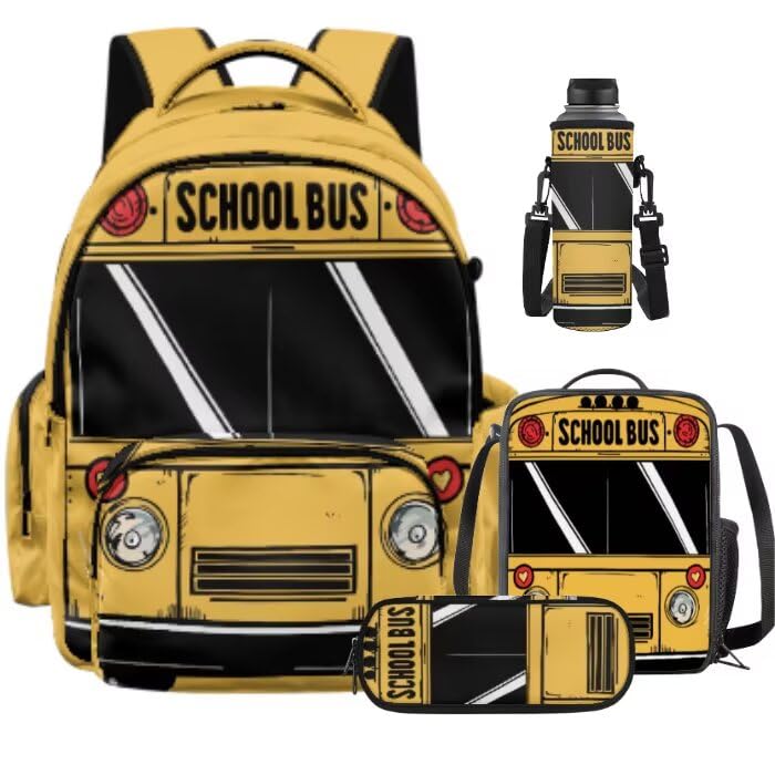 School Bus Backpack for Boys Girls Backpack with Lunch Box Water Bottle Pouch and Cute Pencil Case 4PCS Set Bookbag with Front Pocket for School 17 in Large Elementary Middle High School Bag - color: School Bus