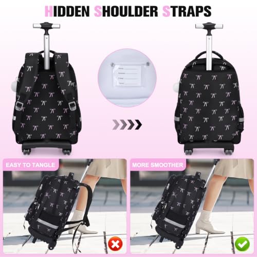 ACESAK Rolling Backpack for Girls, Roller Backpack with Lunch Bag & Pencil Pouch for Teen Girls Kids, Bookbag Backpack with Wheels for Women Elementary Middle High School Travel (Black Bow) - color: Black Bow