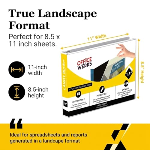 8.5" X 11" Landscape View Binder, 3-Ring 1.5 Inch Capacity Round Ring, White Horizontal Formatted with Clear Cover Pockets for Documents, Spreadsheets, Projects and More - size: 1.5 Inch