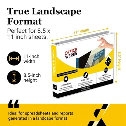 8.5" X 11" Landscape View Binder, 3-Ring 1.5 Inch Capacity Round Ring, White Horizontal Formatted with Clear Cover Pockets for Documents, Spreadsheets, Projects and More - size: 1.5 Inch