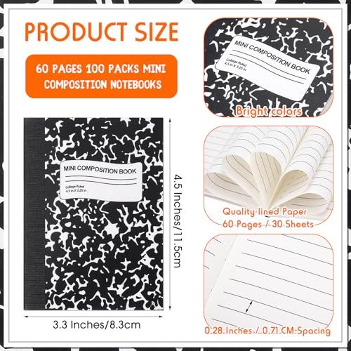 Fainne 100 Pack Mini Composition Notebook Bulk 4.5" x 3.3" Pocket Composition Books Small Narrow Ruled Compositions Note Pad Marble Journal Books for Students School College Office 60 Pages(Black) - color: Black