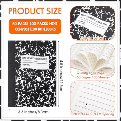 Fainne 100 Pack Mini Composition Notebook Bulk 4.5" x 3.3" Pocket Composition Books Small Narrow Ruled Compositions Note Pad Marble Journal Books for Students School College Office 60 Pages(Black) - color: Black