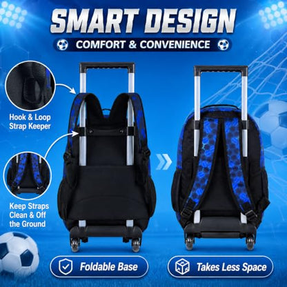 AGSDON 3PCS Rolling Backpack for Girls and Boys, Kids Roller Wheels Bookbag, Wheeled Elementary School Bag with Lunch Bag - color: Football Roller