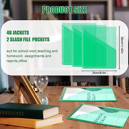 Seajan 48 Pcs Pocket Folders for 3 Ring Binder Clear Plastic Folders Sleeves with 2 Pockets 3 Hole Punch Binder Dividers Poly Slash File Jackets for Office School Document Organizer (Green) - color: Green