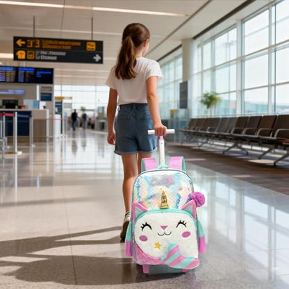 Meetbelify Backpack with Wheels for Girls Rolling Backpack Cute Carry on Backpack for Elementary Student - color: White Cat Mermaid