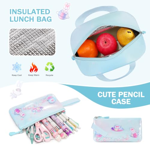FIXITOK Rolling Backpack for Girls, Kawaii Bunny Roller Wheels School Backpacks with Lunch Bag Pencil case, Wheeled Suitcase Bookbag for Elementary Travel Dreamy Aquamarine - color: Dreamy Aquamarine
