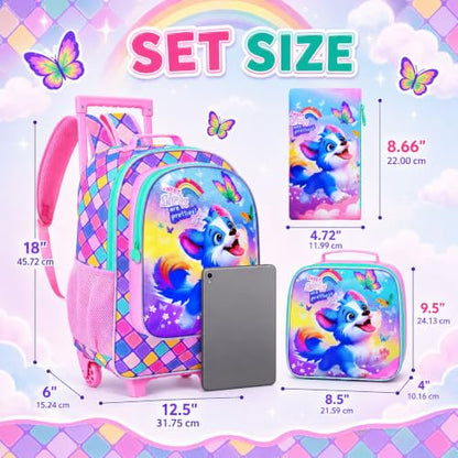 KLFVB Girls Bookbag with Wheels, 3PCS Kids Roller Backpack with Lunch Bag, Wheeled School Bag for Children - Dog - color: Upgraded UV Printing Dog Pink Rolling Backpack