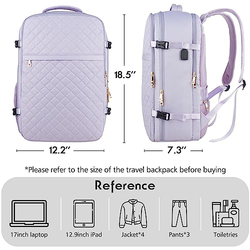 MOMUVO Large Travel Backpack Women, Flight Approved Carry On Backpack, Water Resistant Anti-Theft Large Casual Daypack Fit 17 Inch Laptop with USB Charging Port - color: Purple, size: 17.3 inch