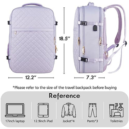 MOMUVO Large Travel Backpack Women, Flight Approved Carry On Backpack, Water Resistant Anti-Theft Large Casual Daypack Fit 17 Inch Laptop with USB Charging Port - color: Purple, size: 17.3 inch