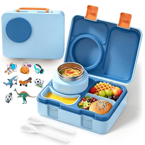 Bento Box for Kids, Leakproof Kids Bento Lunch Box Container with 8oz Insulated Thermo Food Jar, Sauce Jar, Utensil, DIY Stickers for School Boys Girls, 3-4 Compartments, BPA-Free - color: Blue Orange
