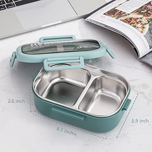 Lille Home 28oz Stainless Steel Leakproof 2-Compartment Bento Lunch Box/Portion Control Food Container with Lunch Bag and Cutlery Set, BPA Free - color: Green