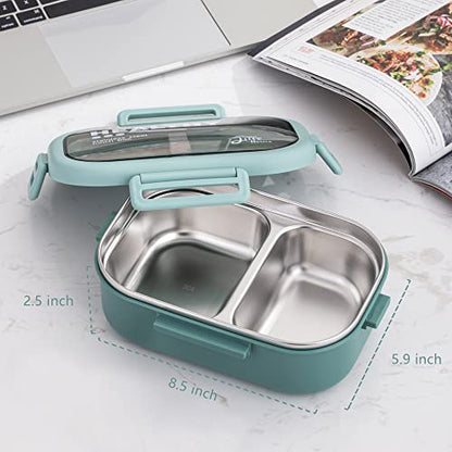 Lille Home 28oz Stainless Steel Leakproof 2-Compartment Bento Lunch Box/Portion Control Food Container with Lunch Bag and Cutlery Set, BPA Free - color: Green