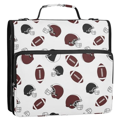 Zipper Binder Bag 3 Ring File Folder Portfolio Organizer Zippered Binder Bags with Strap Fits Laptop Women Men - color: Multi-footballs Brown White